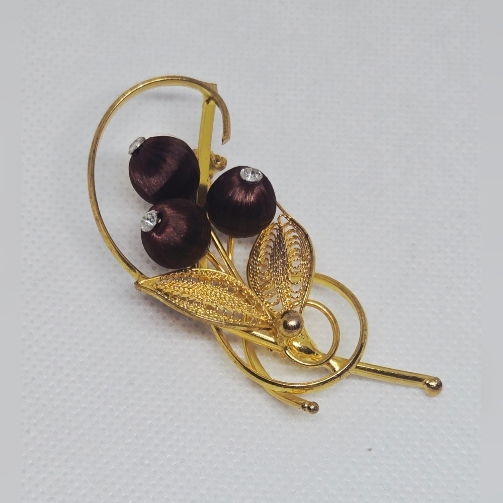 Gold Tone Cherry Berry Brooch Purple Satin Beads Filigree Rhinestone Pin